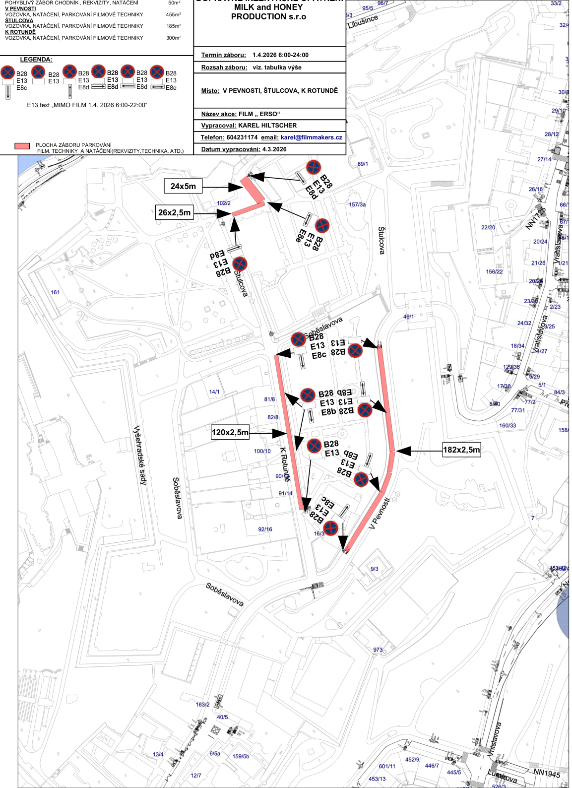 Situační nákres dopravního značení a záborů pro filmové natáčení v lokalitě V Pevnosti, Štulcova a K Rotundě.