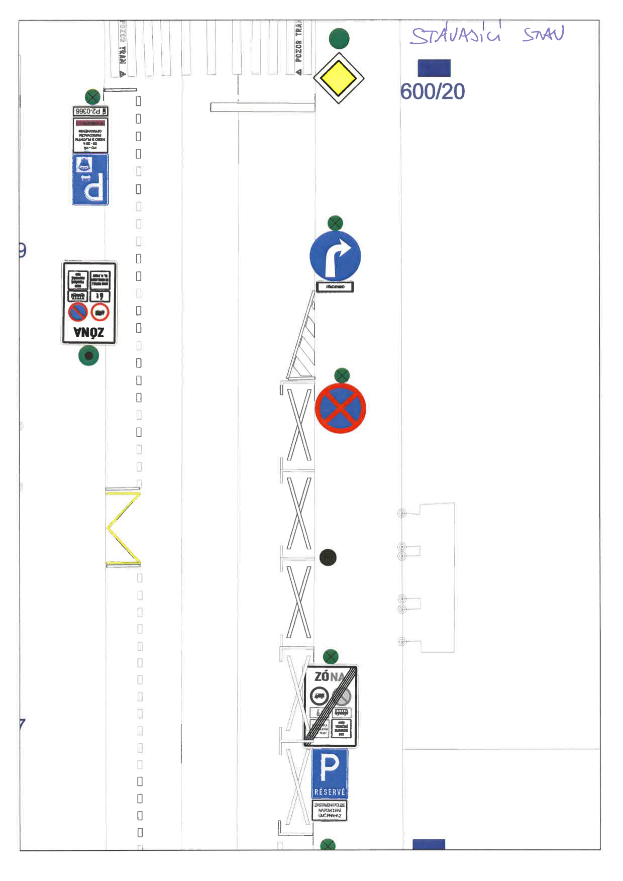 Dopravně-inženýrské schéma s vyznačením stávajícího dopravního značení na ulici.