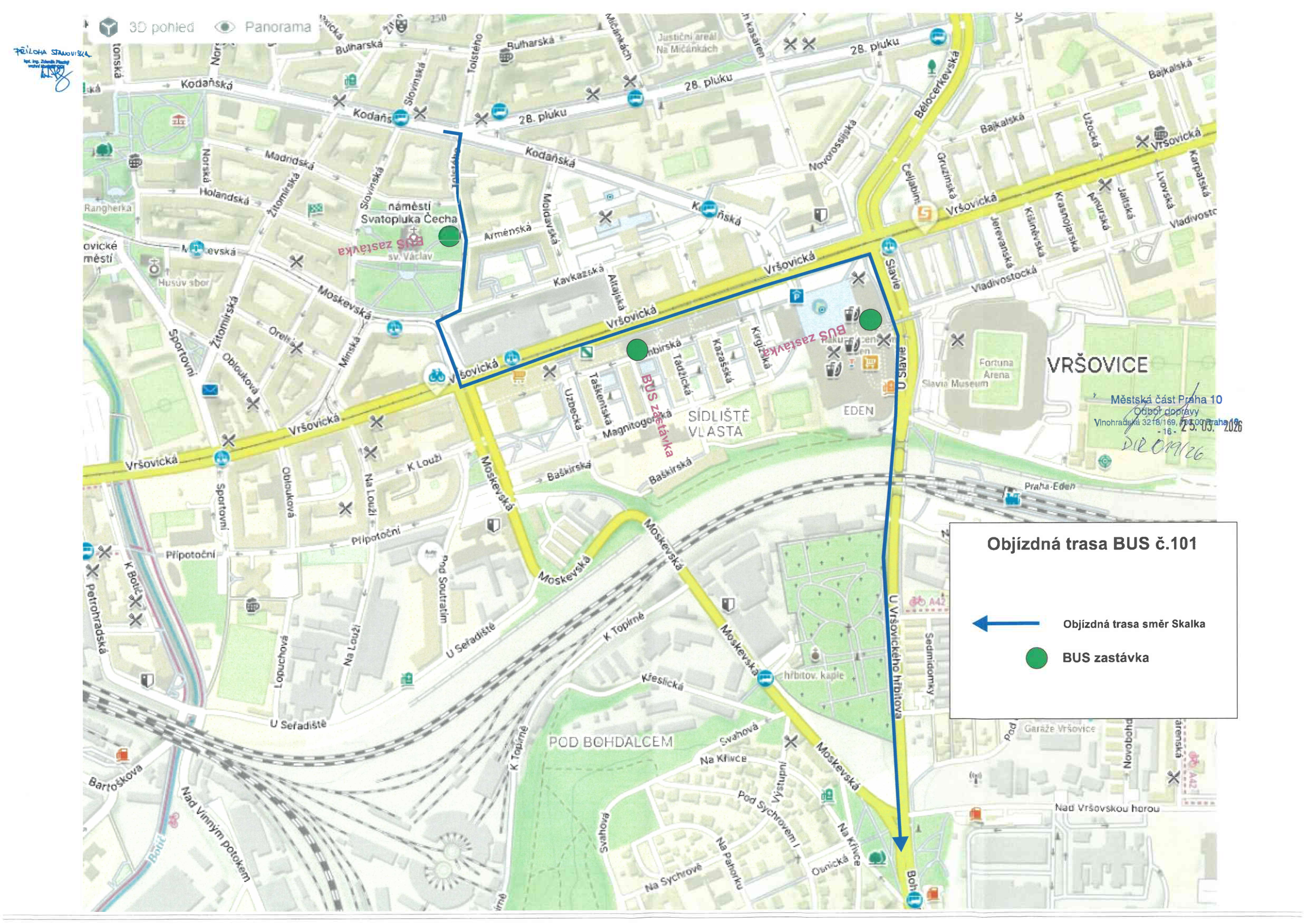 Mapa znázorňující objízdnou trasu autobusové linky č. 101 v oblasti Vršovic.