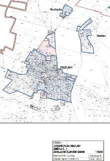 Mapa územního plánu obce Zbizuby (Změna č. 1, Základní členění území). Mapa obsahuje vyznačená zastavěná území a rozvojové plochy s kódy (např. Z.1, Z.3, Z.6,…
