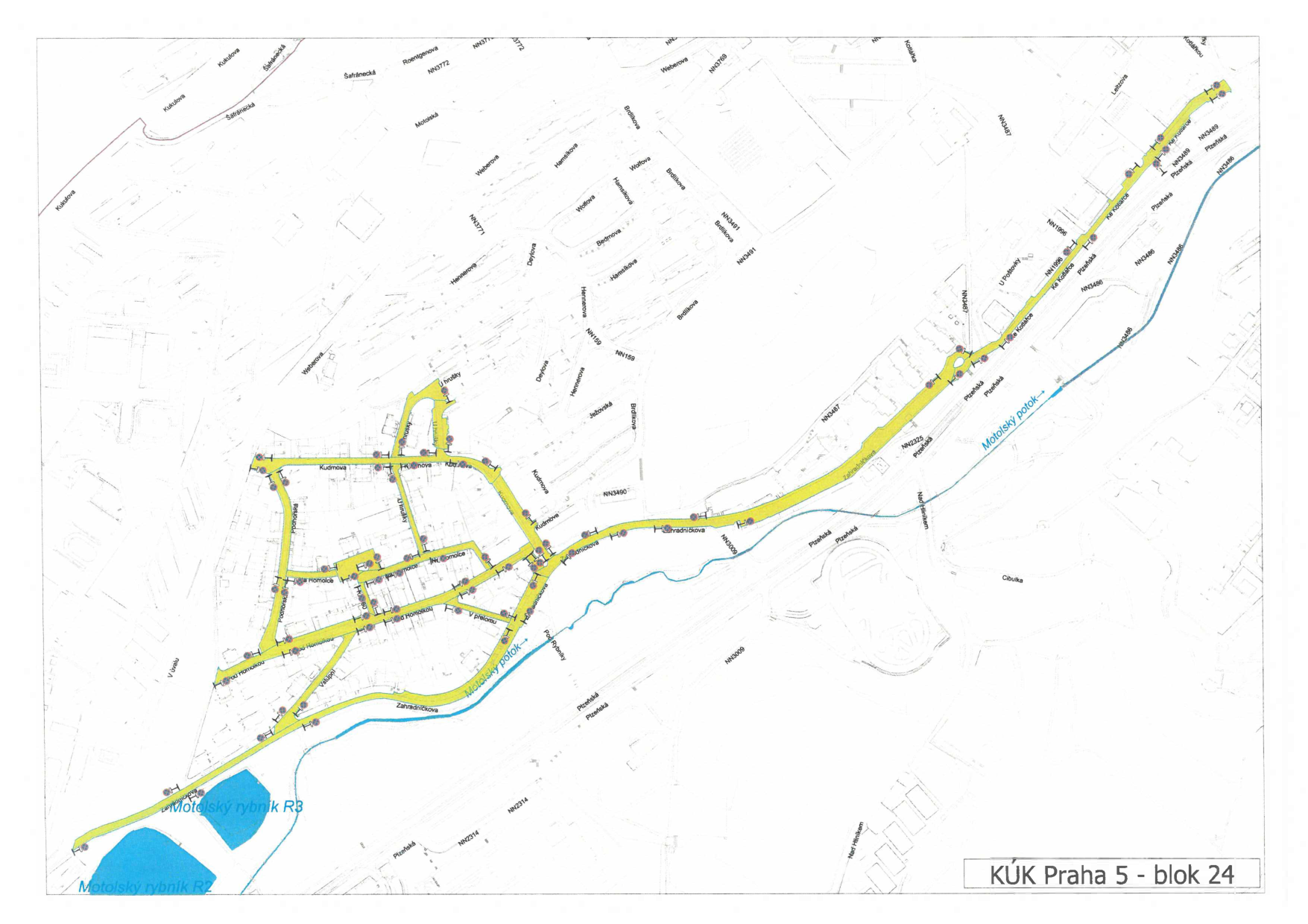 Situační plán inženýrských sítí nebo dopravní infrastruktury v oblasti Motolského potoka v Praze 5.