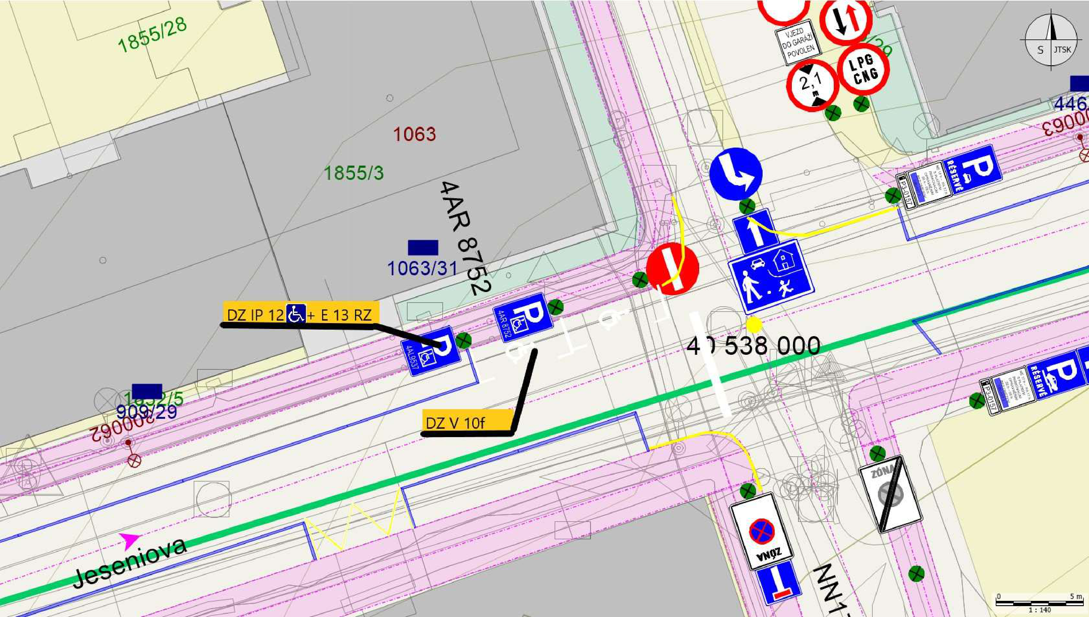 Dopravně-inženýrské situační schéma umístění parkovacích míst a dopravního značení.