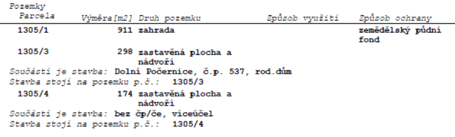 Tabulka s přehledem pozemků: 1) Parcela 1305/1, výměra 911 m2, druh pozemku zahrada, způsob ochrany zemědělský půdní fond. 2) Parcela 1305/3, výměra 298 m2, druh pozemku zastavěná plocha a nádvoří, součástí je stavba: Dolní Počernice, č.p. 537, rod. dům, stavba stojí na pozemku p.č. 1305/3. 3) Parcela 1305/4, výměra 174 m2, druh pozemku zastavěná plocha a nádvoří, součástí je stavba: bez čp/če, víceúčel, stavba stojí na pozemku p.č. 1305/4.