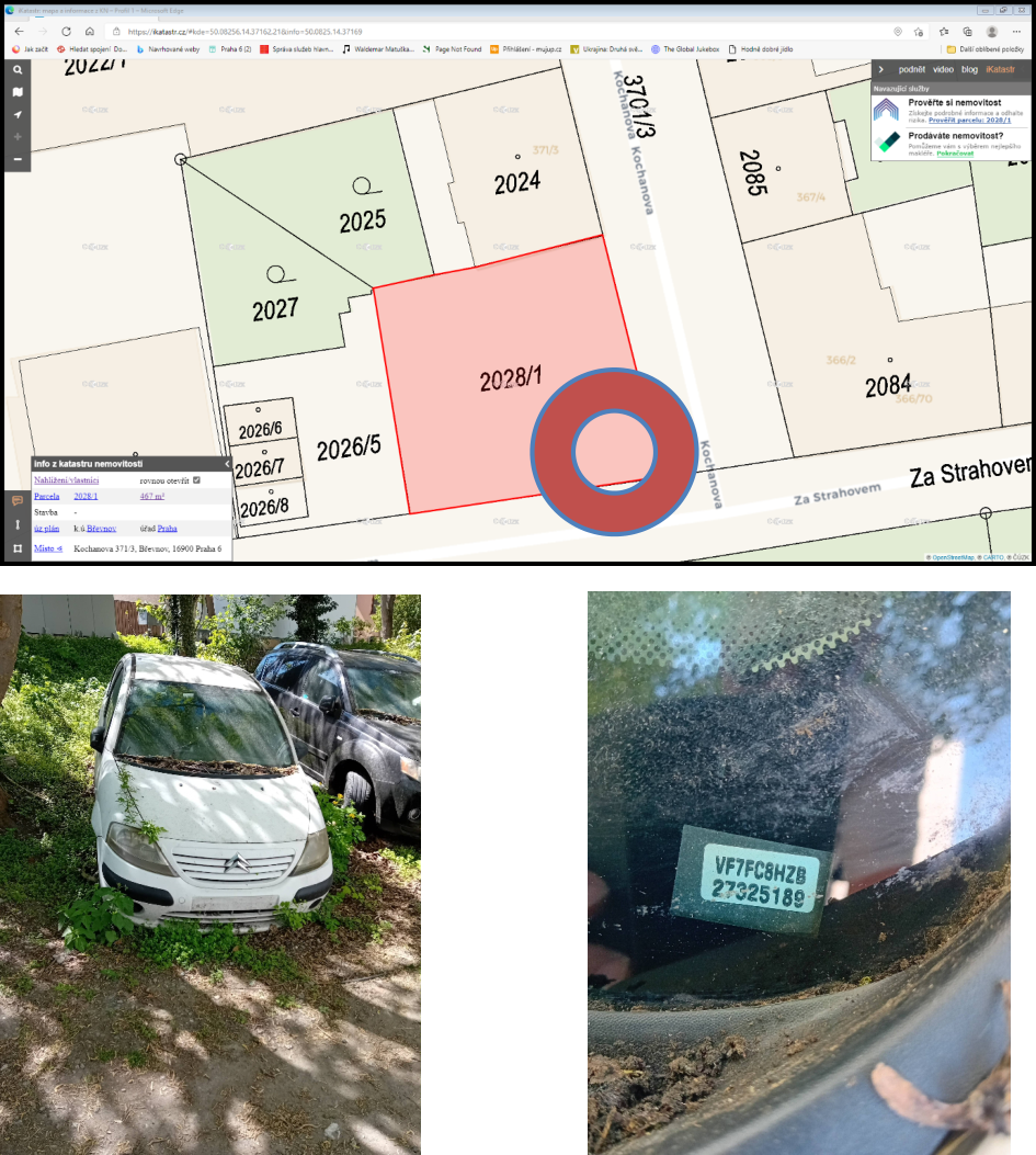 Složený obrázek obsahující výřez z katastrální mapy (iKatastr.cz) a fotografie opuštěného vozidla. Katastrální mapa zobrazuje parcelu č. 2028/1 v k.ú. Břevnov, Praha, o výměře 467 m². Fotografie zachycují bílý vůz značky Citroën zarůstající vegetací, na detailu čelního skla je patrné VIN číslo: VF7FC8HZB 27325189.