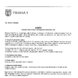 PRAHA 1. Čj.: 90/10-11/2026/Z. ZÁMĚR městské části Praha 1 pronajmout nemovitou věc. Městská část Praha 1 zveřejňuje podle § 36 odst. 1 zákona č. 131/2000 Sb.,…