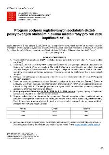 Program podpory registrovaných sociálních služeb poskytovaných občanům hlavního města Prahy pro rok 2026 – Doplňková síť – II. Dokument obsahuje základní infor…