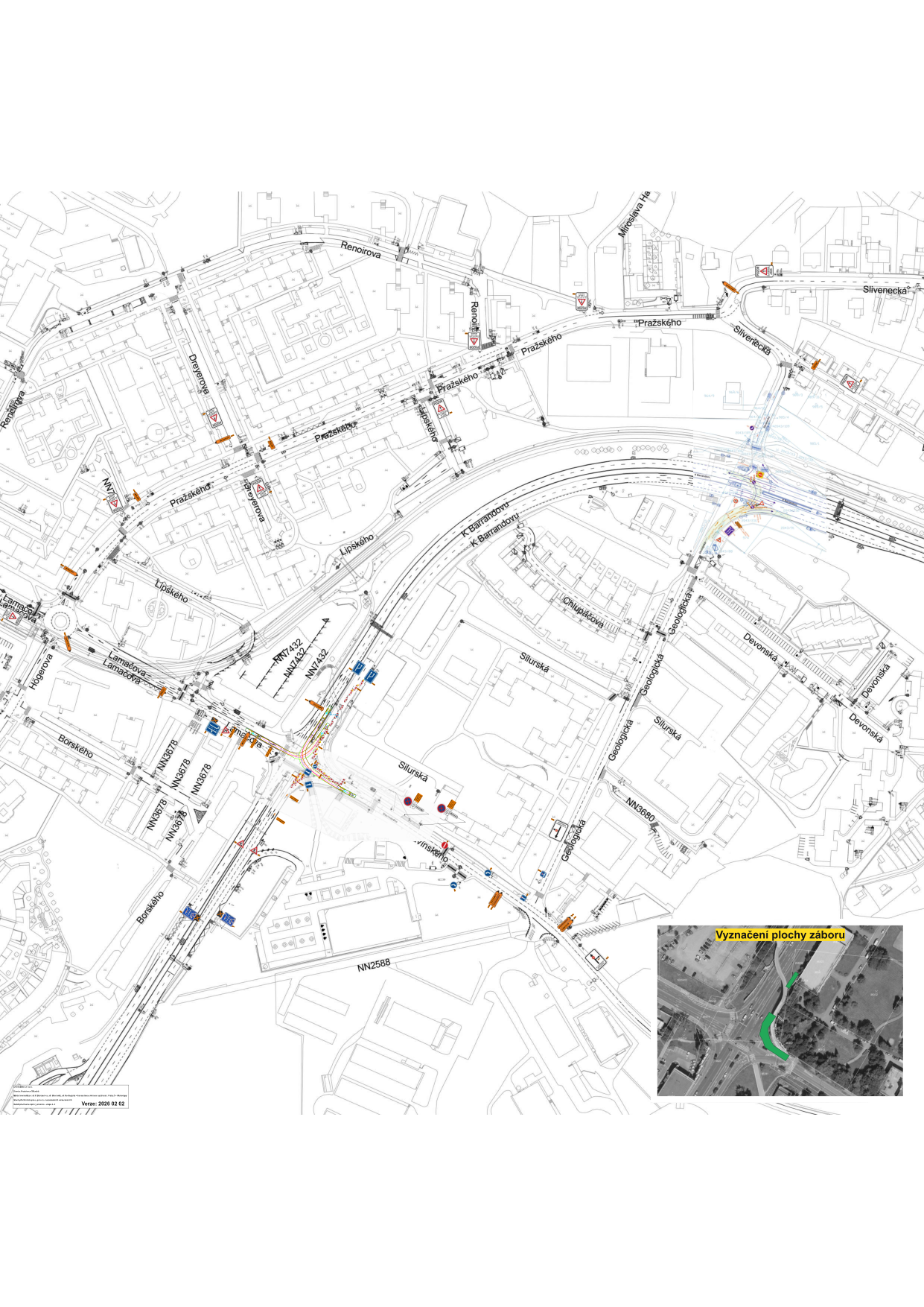 Koordinační situační výkres dopravního značení a záboru plochy v okolí ulice Pražského a K Barrandovu v Praze.