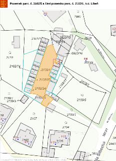 Katastrální mapa s názvem 'Pozemek parc. č. 2102/5 a část pozemku parc. č. 2102/1, k.ú. Libeň'. Mapa zobrazuje dotčené pozemky (vyznačené oranžovou barvou a oh…