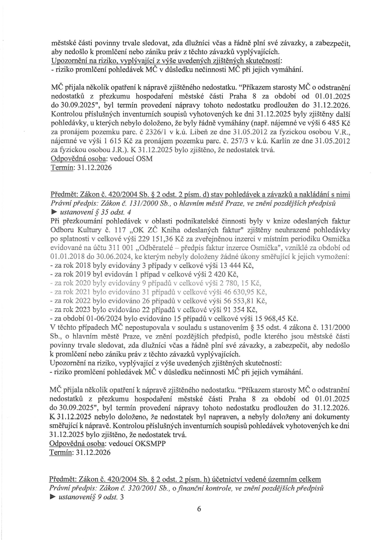 Zpráva o kontrole hospodaření městské části Praha 8. Obsahuje dvě hlavní zjištění: 1) Nedostatky v vymáhání pohledávek za pronájem pozemků (např. parc. č. 2326/1 v k.ú. Libeň a parc. č. 257/3 v k.ú. Karlín), kde k 31.12.2025 nebyla náprava provedena. 2) Neuhrazené pohledávky za inzerci v periodiku Osmička v celkové výši 229 151,36 Kč za období 2018–2024 (rozpis po letech: 2018: 13 444 Kč, 2019: 2 420 Kč, 2020: 2 780,15 Kč, 2021: 46 630,95 Kč, 2022: 56 553,81 Kč, 2023: 91 354 Kč, 2024: 15 968,45 Kč). U obou případů je konstatováno riziko promlčení pohledávek a stanoven termín nápravy do 31.12.2026. Odpovědné osoby: vedoucí OSM a vedoucí OKSMPP.