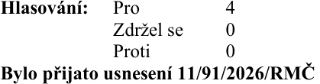 Výsledek hlasování: Pro 4, Zdržel se 0, Proti 0. Bylo přijato usnesení 11/91/2026/RMČ.