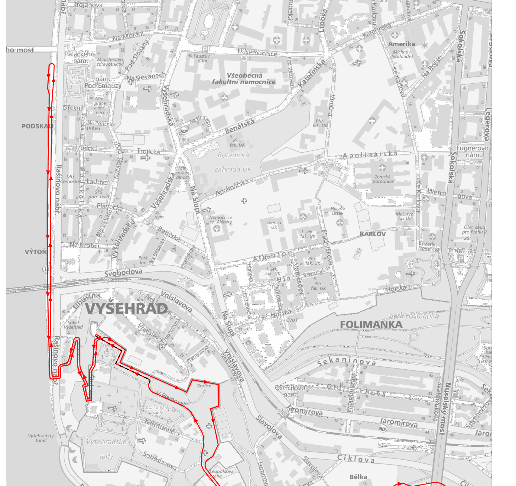 Situační plán s vyznačenou trasou v oblasti pražského Vyšehradu a Podskalí. Zobrazené ulice a lokality: Rašínovo nábřeží, Podskalská, Trojická, Na Hrobci, Vratislavova, V Pevnosti, Neklanova, Na Slupi, Vyšehradská, Svobodova, Libušina, Vratislavova, Přemyslova, Sekaninova, Jaromírova, Slavojova, Čiklova, Bělka, Apolinářská, Kateřinská, Ke Karlovu, Sokolská, Legerova, Vězeňská nemocnice, Botanická zahrada UK, park Folimanka, Nuselský most. Vyznačeny jsou objekty jako Vyšehrad, Gorlice, Rotunda sv. Martina (K. Rotundě), Leopoldova brána, Vyšehradský tunel.