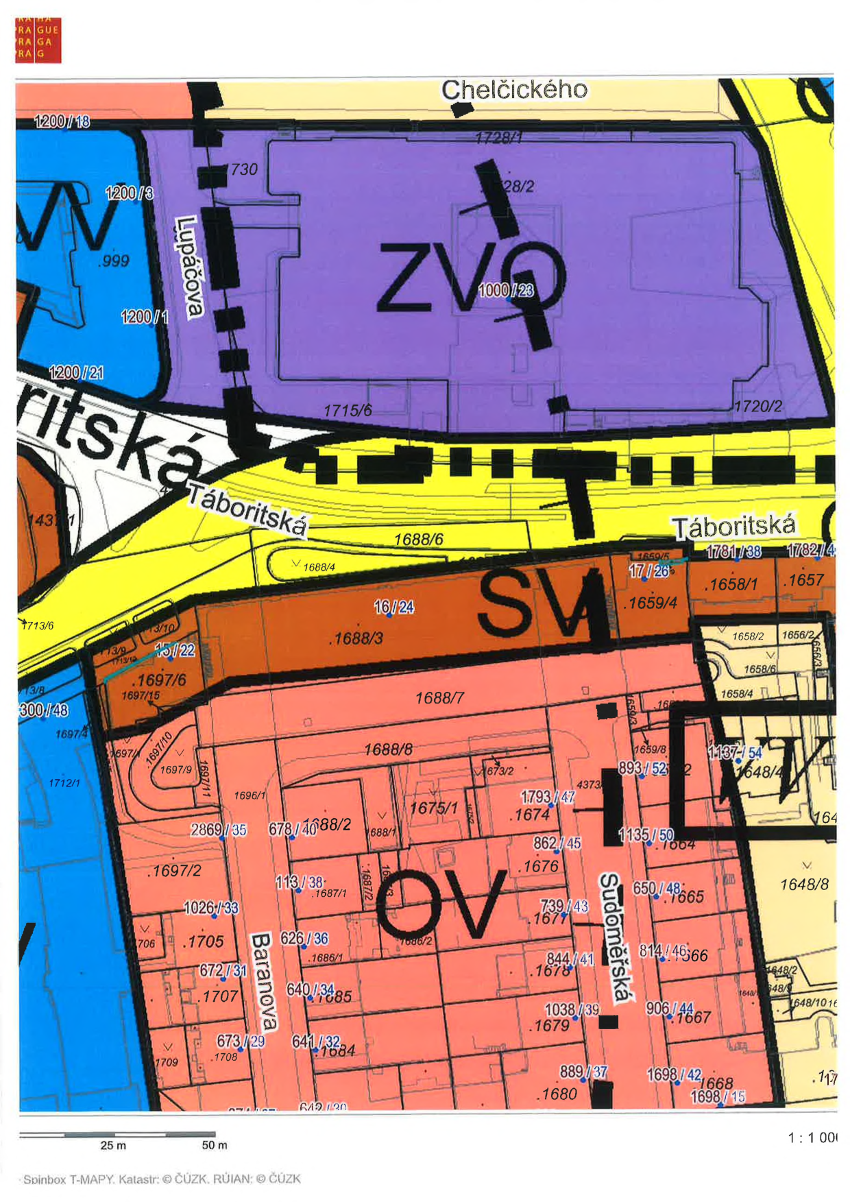 Katastrální mapa oblasti v Praze (dle loga v rohu). Zobrazené ulice: Chelčického, Lupáčova, Táboritská, Sudoměřská, Baranova. Zobrazené parcely a čísla popisná/evidenční: 1200/18, 1200/3, 999, 1200/1, 1200/21, 1728/1, 1715/6, 1720/2, 1000/23, 1431/1, 1688/6, 1688/4, 1688/3, 1688/7, 1688/8, 1697/6, 1697/15, 1697/10, 1697/9, 1697/11, 1696/1, 2869/35, 678/40, 688/2, 688/1, 1675/1, 1673/2, 1793/47, 1674, 862/45, 1676, 739/43, 1677, 844/41, 1678, 1038/39, 1679, 889/37, 1680, 1698/42, 1668/15, 1668, 906/44, 1667, 814/46, 1666, 650/48, 1665, 1135/50, 1664, 1659/8, 893/52, 1137/54, 1648/4, 1648/8, 1648/2, 1648/9, 1648/10, 1659/5, 1712/6, 1659/4, 1658/1, 1657, 1658/2, 1656/2, 1658/6, 1658/4, 1713/9, 1713/12, 15/22, 1697/2, 1026/33, 1705, 672/31, 1707, 673/29, 1708, 1709, 113/38, 1687/1, 1687/2, 626/36, 1686/1, 640/34, 1685, 641/32, 1684, 642/30. V mapě jsou vyznačeny zóny označené jako ZVQ, SV, OV, VV. Měřítko 25 m / 50 m. Zdroj: Spinbox T-MAPY. Katastr: © ČÚZK. RÚAN: © ČÚZK.