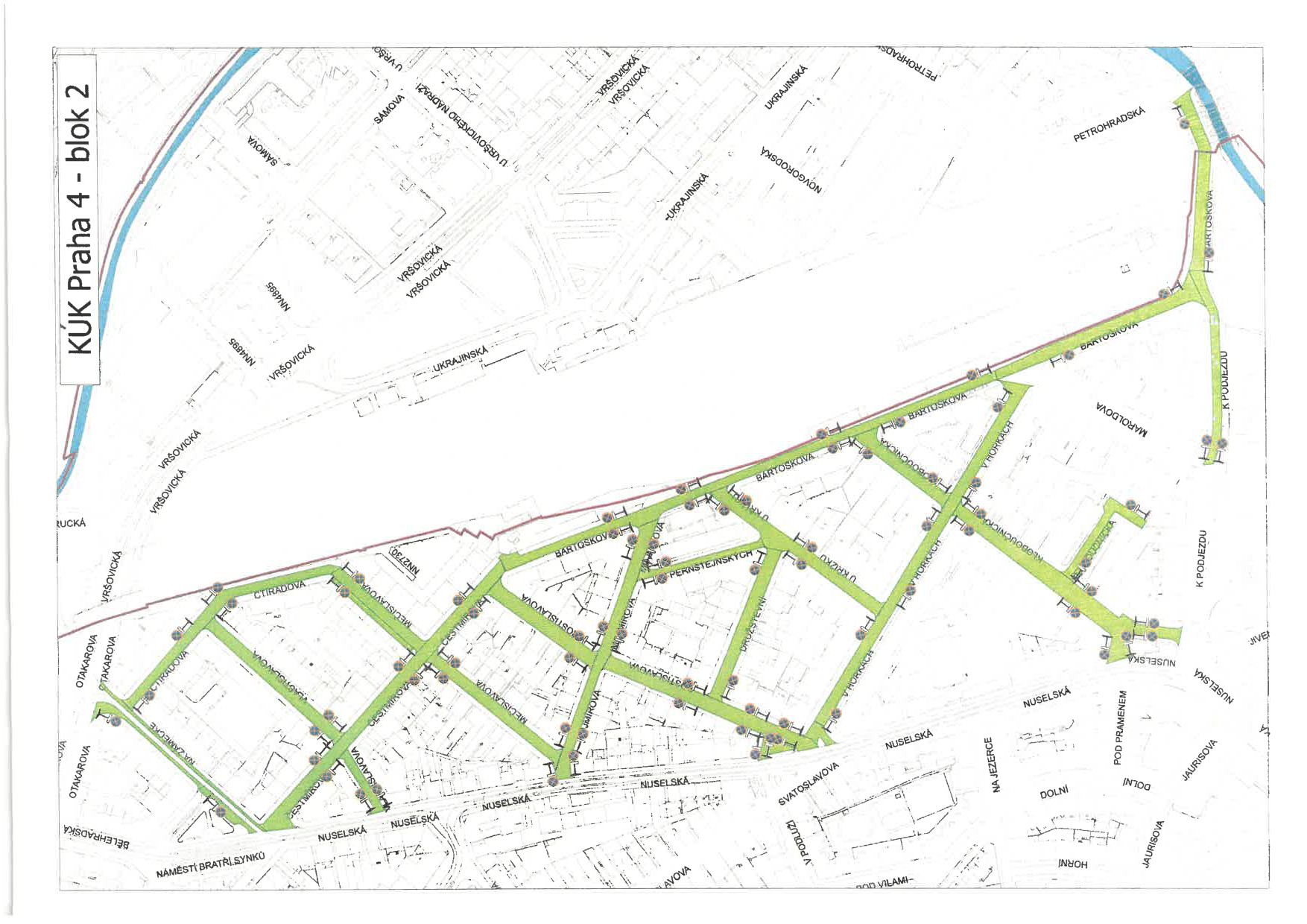 Koordinační situační výkres (blok 2) pro územní plánování či stavební záměr v lokalitě Praha 4 – Nusle/Vršovice.