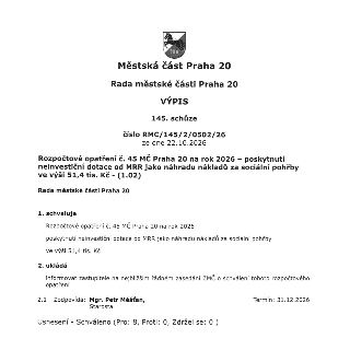 Městská část Praha 20, Rada městské části Praha 20, VÝPIS, 145. schůze, Číslo RMC/145/2/0502/26 ze dne 22.10.2026. Rozpočtové opatření č. 45 MČ Praha 20 na rok…