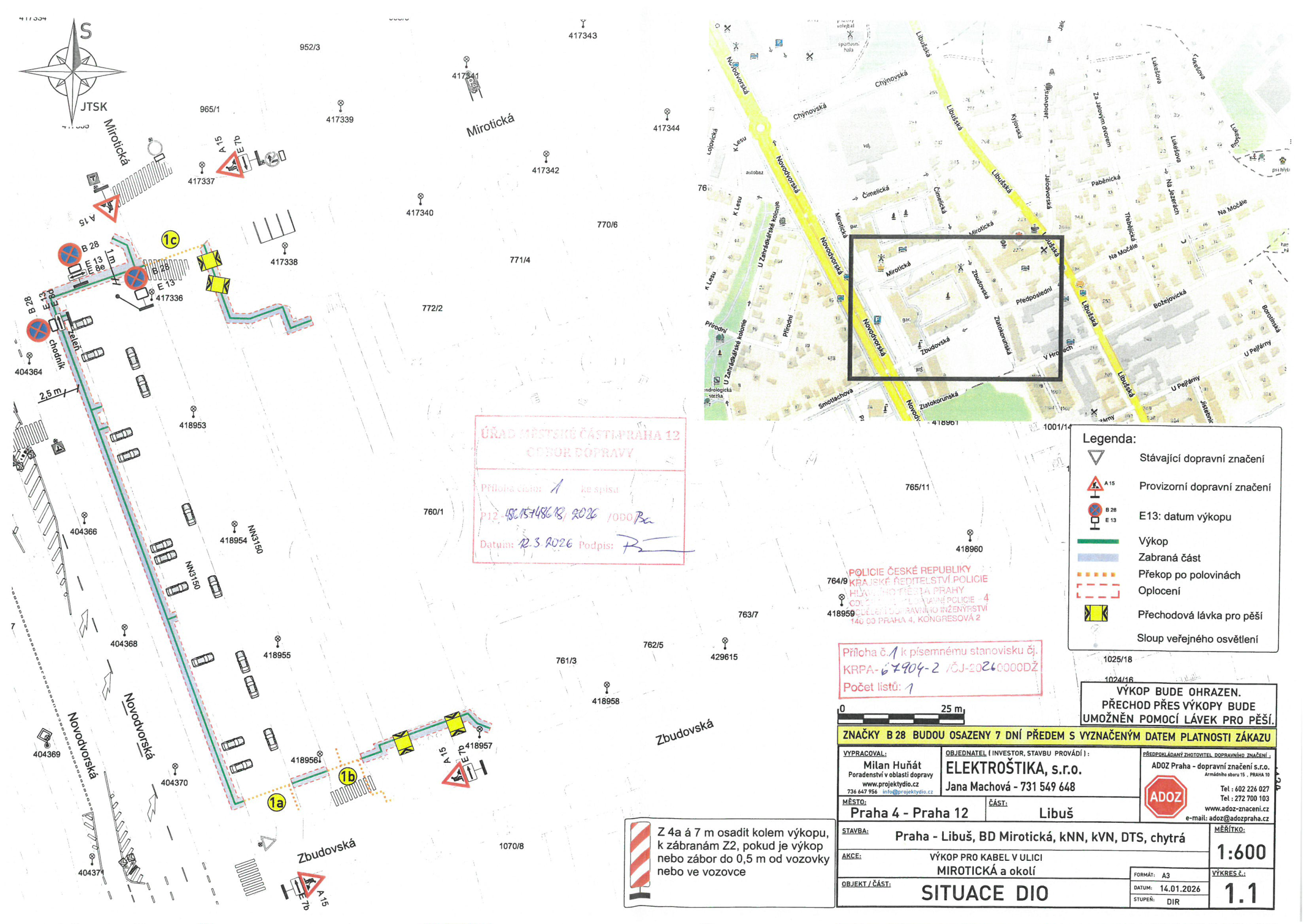 Situační nákres dopravního značení a plánu výkopových prací v lokalitě Praha-Libuš.