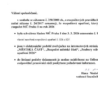 Oznámení pro občany MČ Praha 1 v souladu se zákonem č. 250/2000 Sb. o rozpočtových pravidlech územních rozpočtů ve znění zákona č. 24/2017. Oznámení informuje,…