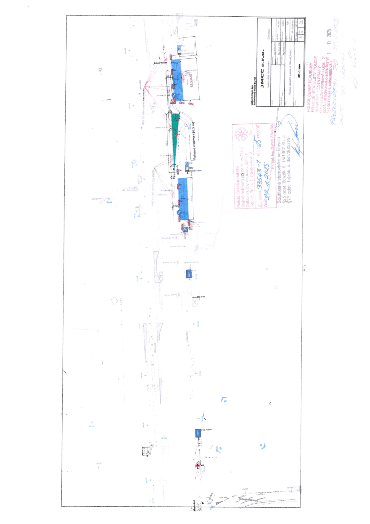 Situační nákres dopravního značení a úpravy komunikace se schvalovacími razítky Policie ČR.