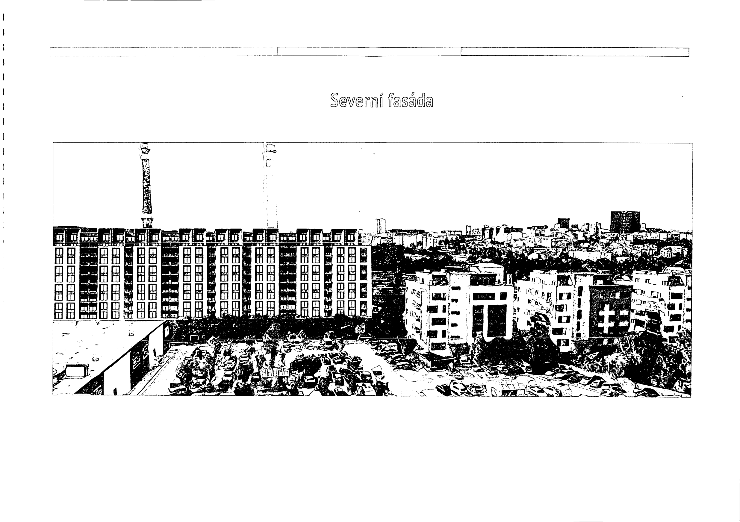 Vizualizace projektu, pohled na severní fasádu budovy.