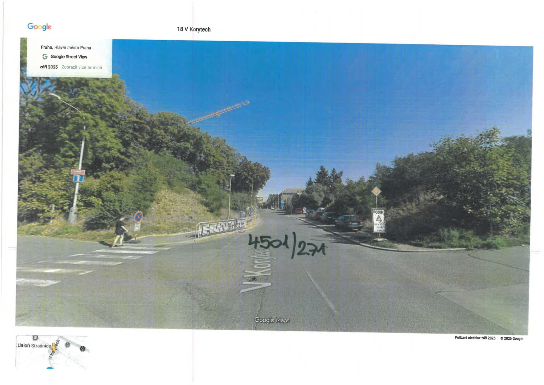 Fotografie z Google Street View zachycující ulici V Korytech v Praze (Hlavní město Praha), pořízeno v září 2025. Na obrázku je ručně vepsáno číslo '4501/271'. V rohu je výřez mapy s označením 'Union Strašnice' a 'V Korytech'.