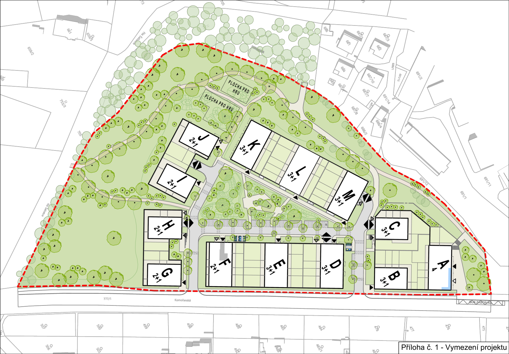 Situační plán projektu výstavby bytových domů. Mapa zobrazuje rozmístění budov označených písmeny A až M s uvedením dispozic bytů (2+1, 3+1, 4+kk). V severní části se nachází plochy pro hru ('PLOCHA PRO HRU'). Celý areál je ohraničen červenou přerušovanou čarou. V pravém dolním rohu je text: 'Příloha č. 1 - Vymezení projektu'. V mapě jsou patrná čísla parcel (např. 777/1, 659/2, 691/1, 753/3) a název ulice 'Komořanská'.