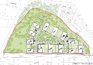 Situační plán projektu výstavby bytových domů. Mapa zobrazuje rozmístění budov označených písmeny A až M s uvedením dispozic bytů (2+1, 3+1, 4+kk). V severní č…