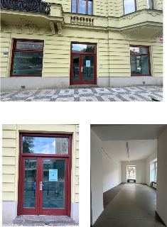 Fotografie exteriéru a interiéru komerčního prostoru v přízemí historické budovy. Na dveřích je umístěno oznámení s QR kódem a textem, který je však v nízkém r…