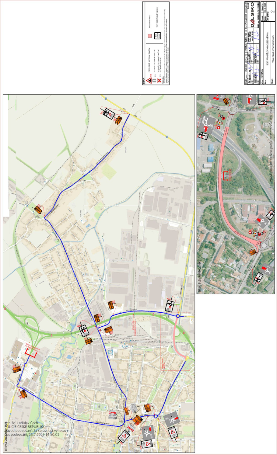 Projektová dokumentace dopravního značení pro uzavírku v Prostějově. Dokument obsahuje situační mapu s vyznačenou trasou objížďky (modrá čára) a detailní schéma uzavírky v pravém horním rohu. V hlavičce dokumentu je uvedeno: 'B/307 PROSTĚJOV - NÁJEZD VĚTINA', 'PŘECHODNÁ ÚPRAVA PROVOZU', datum 30. 5. 2026, zpracovatel DALSIKO. V levém dolním rohu je razítko Policie České republiky s podpisem npor. Bc. Ladislava Čecha a datem 15. 7. 2026. Legenda obsahuje značky pro přechodné dopravní značení, pracovní místo a textové dodatkové tabulky.