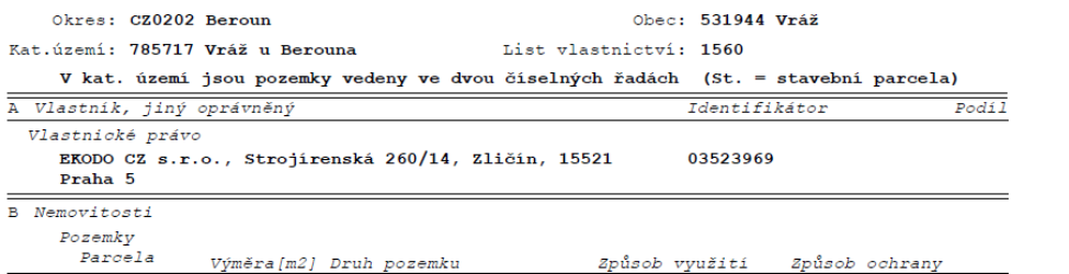 Výpis z katastru nemovitostí (LV 1560), okres: CZ0202 Beroun, obec: 531944 Vráž, katastrální území: 785717 Vráž u Berouna. V katastrálním území jsou pozemky vedeny ve dvou číselných řadách (St. = stavební parcela). Část A (Vlastník, jiný oprávněný): Vlastnické právo, EKODO CZ s.r.o., Strojírenská 260/14, Zličín, 15521 Praha 5, identifikační číslo: 03523969. Část B (Nemovitosti): Pozemky (tabulka s parametry Parcela, Výměra [m2], Druh pozemku, Způsob využití, Způsob ochrany).