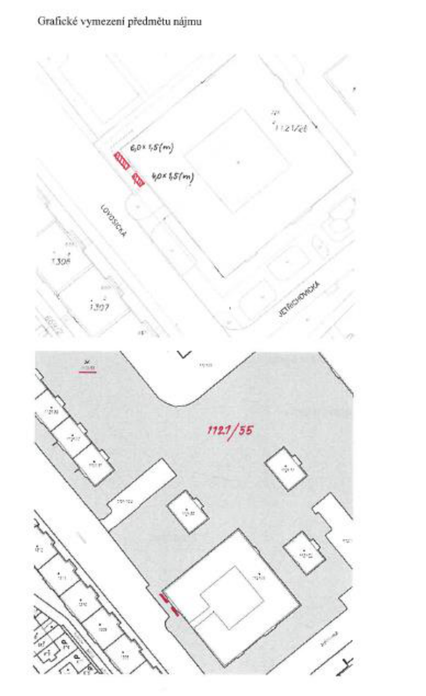 Grafické vymezení předmětu nájmu na pozemku parc. č. 1127/55 v katastrální mapě.