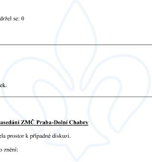 Zasedání ZMČ Praha-Dolní Chabry. Texty na stránce: 'držel se: 0', 'ek.', 'zasedání ZMČ Praha-Dolní Chabry', 'ela prostor k případné diskuzi.', 'o znění:'. V po…