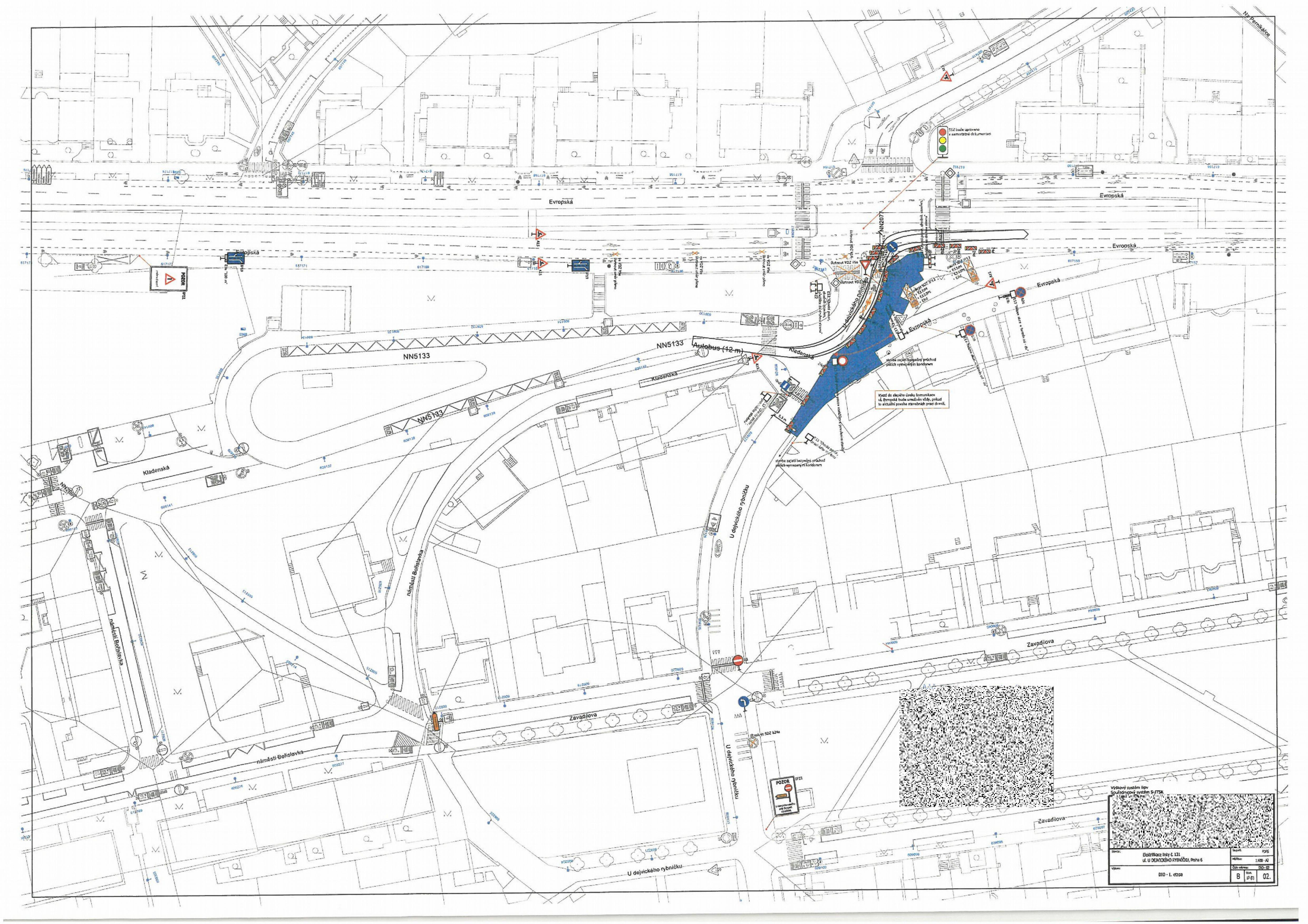 Koordinační situační výkres dopravního značení a úpravy komunikací v místě křížení ulic Evropská a Kladenská.