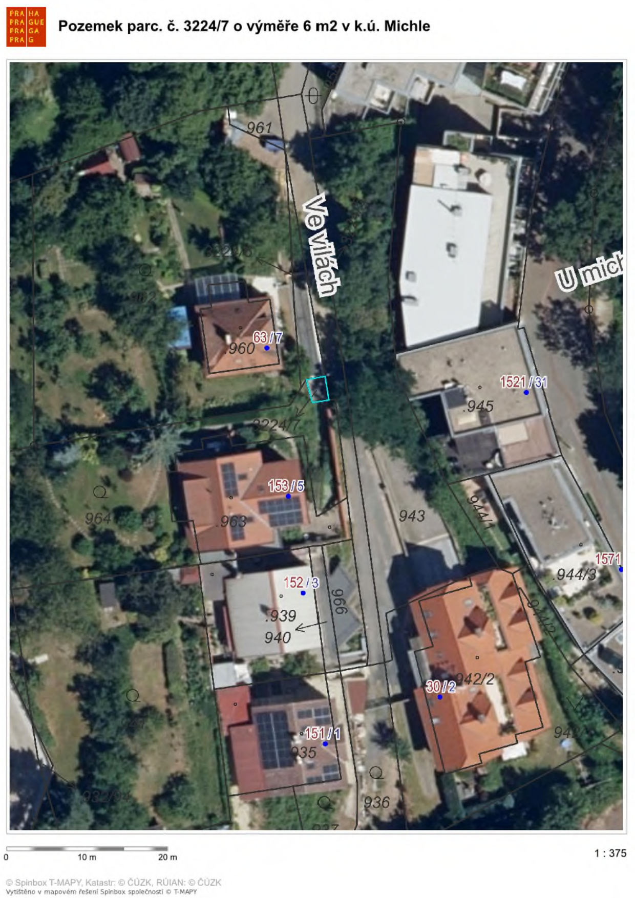 Katastrální mapa s ortofotomapou zobrazující pozemek parc. č. 3224/7 o výměře 6 m2 v k.ú. Michle. V mapě jsou vyznačeny okolní parcely (např. 961, 960, 153/5, 152/3, 151/1, 943, 942/2, 30/2, 1521/31) a ulice Ve Vilách a U Michovky. Měřítko mapy je 1:375.