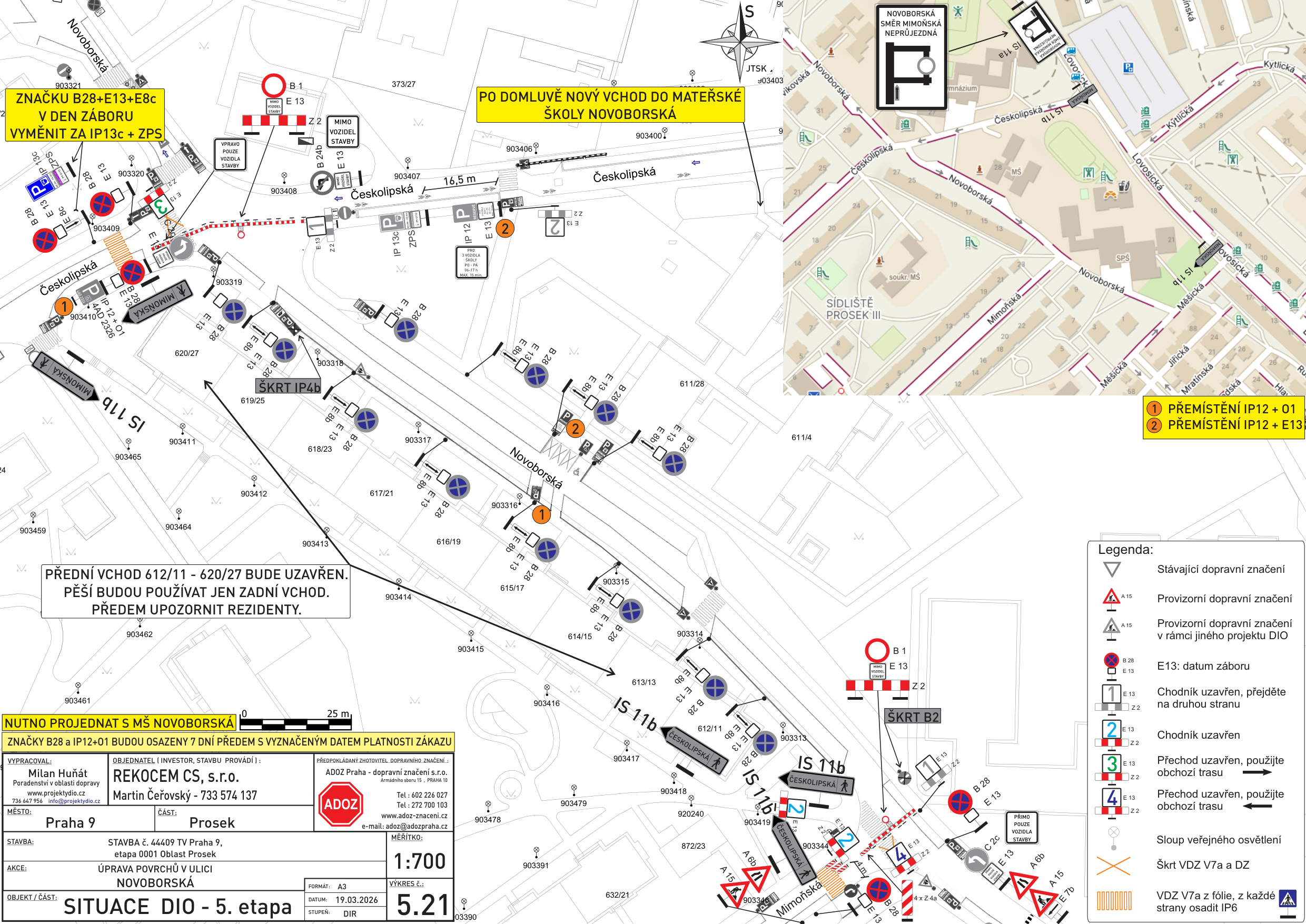 Situační nákres dopravního značení a uzavírek v rámci stavební akce v ulici Novoborská.