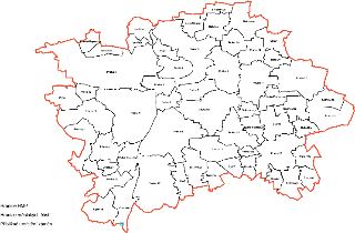 Mapa Hlavního města Prahy rozdělená na městské části. Zobrazené názvy městských částí: Suchdol, Lysolaje, Troja, Dolní Chabry, Březiněves, Ďáblice, Čakovice, V…