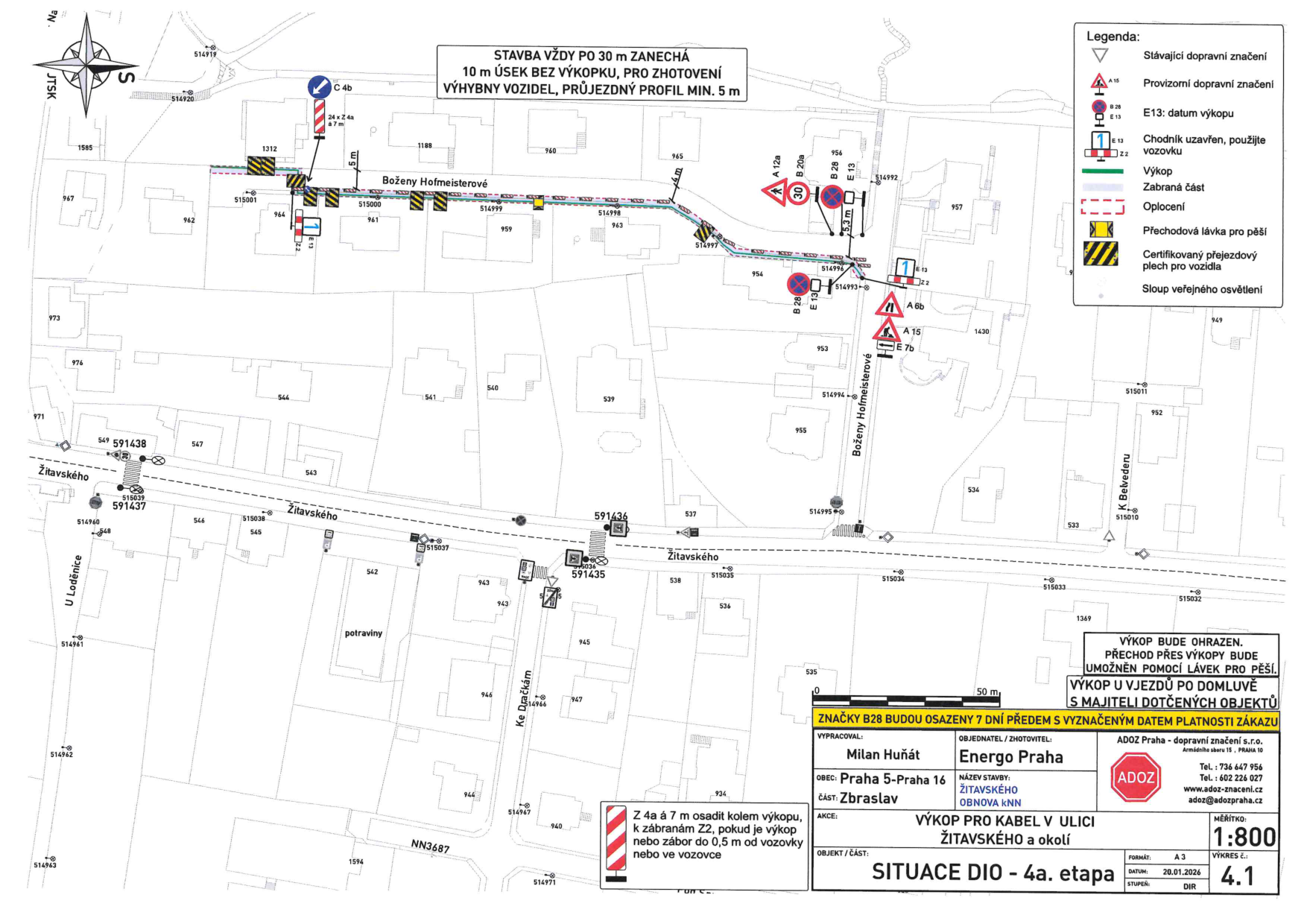 Situační plán dopravního značení a výkopových prací pro pokládku kabelů v ulicích Boženy Hofmeisterové a Žitavského.
