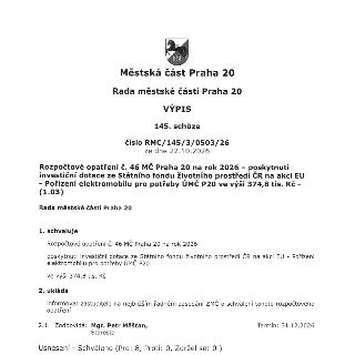 Městská část Praha 20, Rada městské části Praha 20, VÝPIS, 145. schůze, číslo RMC/145/3/0503/26 ze dne 22.10.2026. Rozpočtové opatření č. 46 MČ Praha 20 na rok…