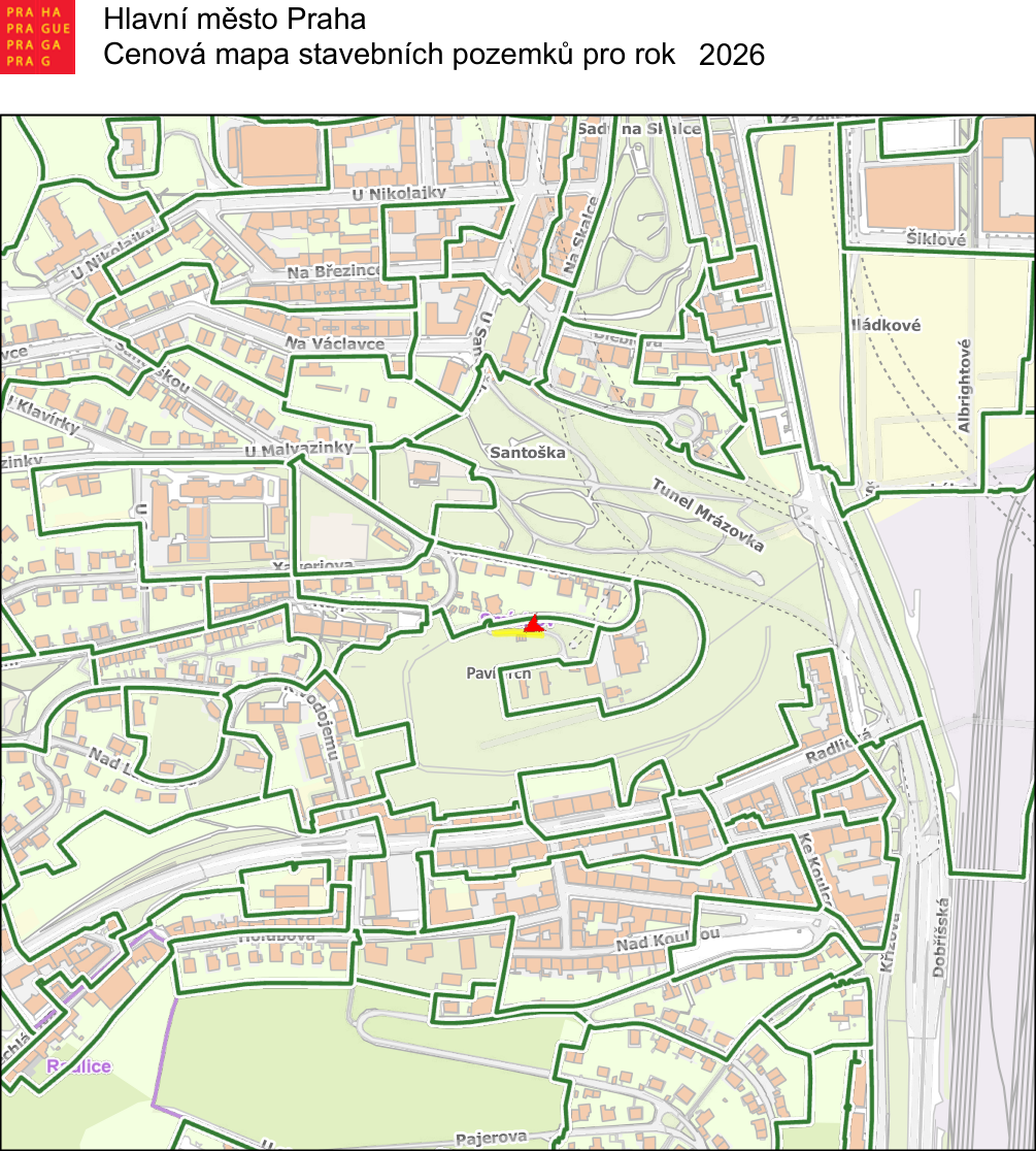 Výřez z cenové mapy stavebních pozemků pro rok 2026 pro Hlavní město Praha. Mapa zobrazuje oblast v okolí ulic U Nikolajky, Na Březince, Na Václavce, U Malvazinek, Santoška, Nad Koulkou, Radlická a Pajerova. V mapě je červeným trojúhelníkem a žlutým zvýrazněním označena konkrétní lokalita (Pavilon).