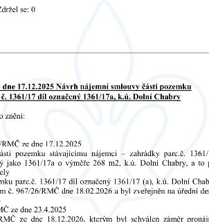 Výňatek z úředního dokumentu týkající se nájmu pozemku: 'Návrh nájemní smlouvy části pozemku parc. č. 1361/17 díl označený 1361/17a, k.ú. Dolní Chabry'. Dokume…