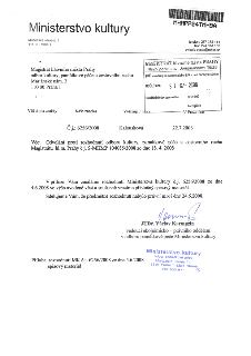 Úřední dopis Ministerstva kultury (Maltézské náměstí 1, Praha 1) adresovaný Magistrátu hlavního města Prahy, odboru kultury, památkové péče a cestovního ruchu.…