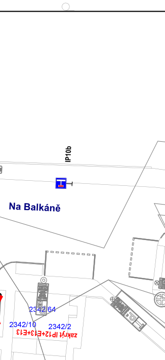 Výřez situačního plánu nebo katastrální mapy v lokalitě 'Na Balkáně'. V mapě jsou vyznačena čísla parcel: 2342/64, 2342/10 a 2342/2. Dále je zde text 'zakrýt IP12+E13+E13' a značka pro zastávku MHD (IP10b).
