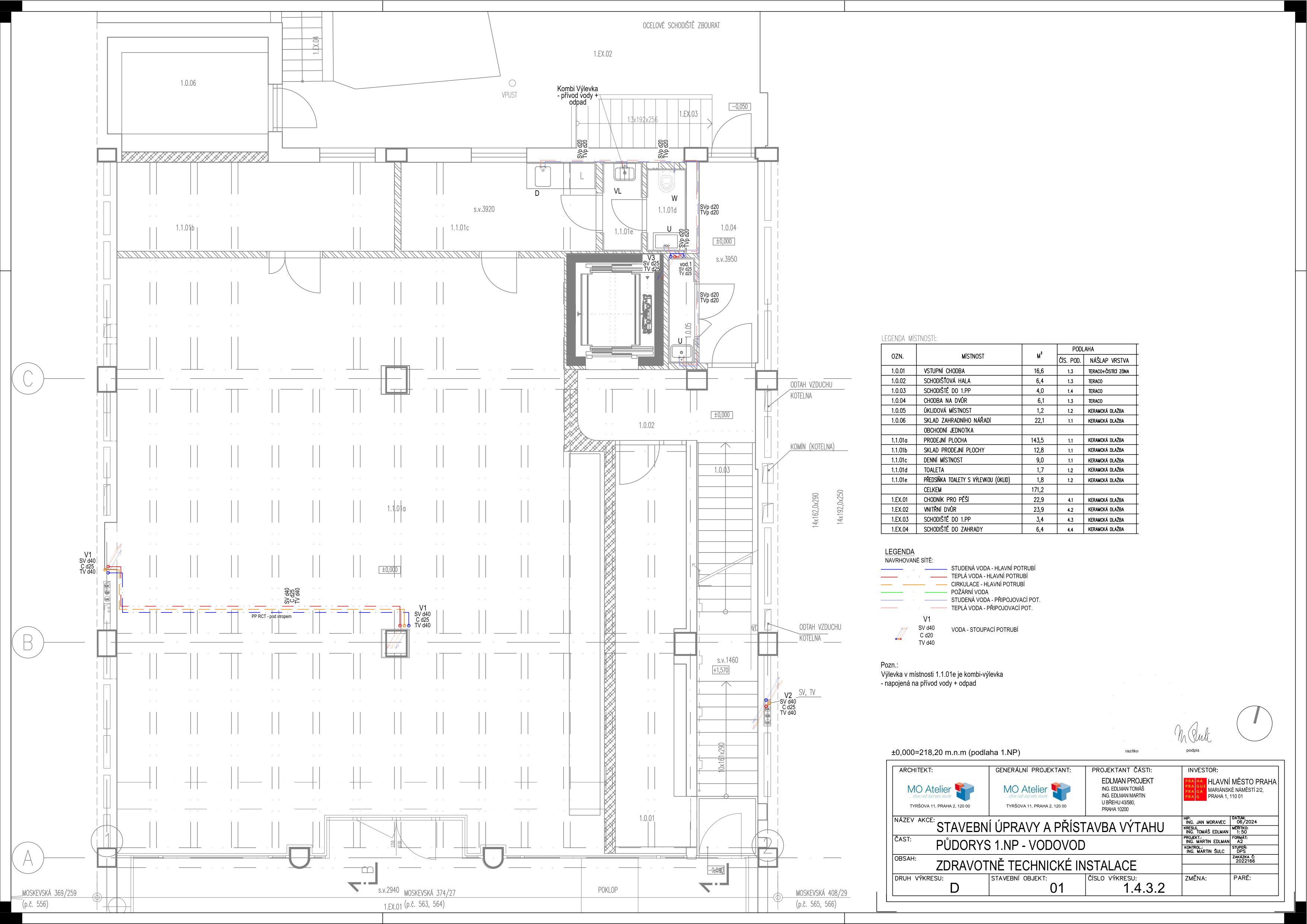 Stavební výkres: Půdorys 1.NP - Vodovod. Projekt: Stavební úpravy a přístavba výtahu. Investor: Hlavní město Praha. Projektant: Edman Projekt. Obsah: Zdravotně technické instalace. Legenda místností: 1.0.01 Vstupní chodba (16,6 m2), 1.0.02 Schodišťová hala (6,4 m2), 1.0.03 Schodiště do 1.PP (4,0 m2), 1.0.04 Chodba na dvůr (6,1 m2), 1.0.05 Úklidová místnost (1,2 m2), 1.0.06 Sklad zahradního nářadí (22,1 m2), 1.0.01a Prodejní plocha (143,5 m2), 1.0.01b Sklad prodejní plochy (12,8 m2), 1.0.01c Denní místnost (9,0 m2), 1.0.01d Toaleta (1,7 m2), 1.0.01e Předsíňka toalety s výlevkou (1,8 m2). Celkem 171,2 m2. Venkovní prostory: 1.EX.01 Chodník pro pěší (22,9 m2), 1.EX.02 Vnitřní dvůr (23,9 m2), 1.EX.03 Schodiště do 1.PP (3,4 m2), 1.EX.04 Schodiště do zahrady (6,4 m2). Legenda rozvodů: Studená voda, teplá voda, cirkulace, požární voda, stoupací potrubí. Poznámka: Výlevka v místnosti 1.1.01e je kombi-výlevka napojená na přívod vody + odpad.