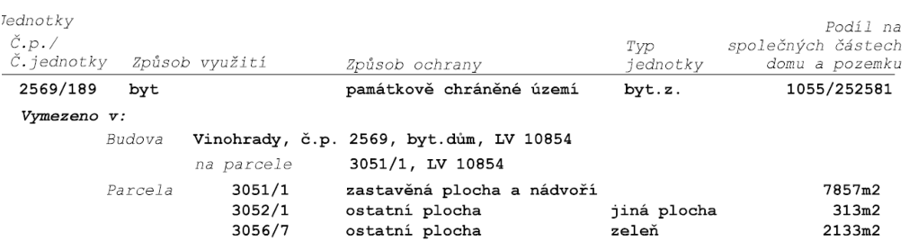 Tabulka z výpisu z katastru nemovitostí obsahující informace o jednotce: Č.p./Č.jednotky: 2569/189, Způsob využití: byt, Způsob ochrany: památkově chráněné území, Typ jednotky: byt.z., Podíl na společných částech domu a pozemku: 1055/252581. Vymezeno v: Budova Vinohrady, č.p. 2569, byt.dům, LV 10854 na parcele 3051/1, LV 10854. Parcela 3051/1: zastavěná plocha a nádvoří, 7857m2. Parcela 3052/1: ostatní plocha, jiná plocha, 313m2. Parcela 3056/7: ostatní plocha, zeleň, 2133m2.