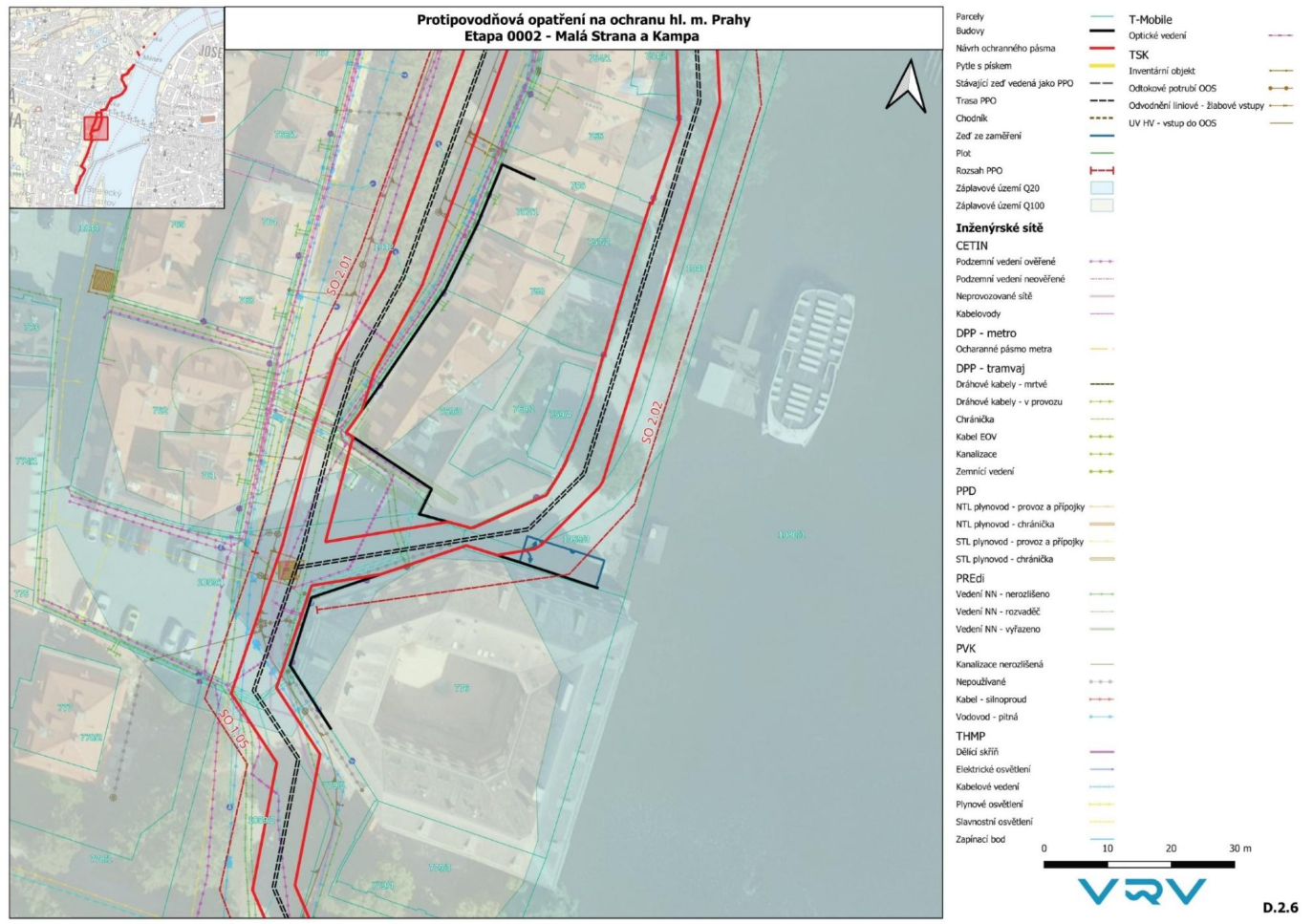 Situační plán protipovodňových opatření v oblasti Malá Strana a Kampa v Praze s vyznačením inženýrských sítí.