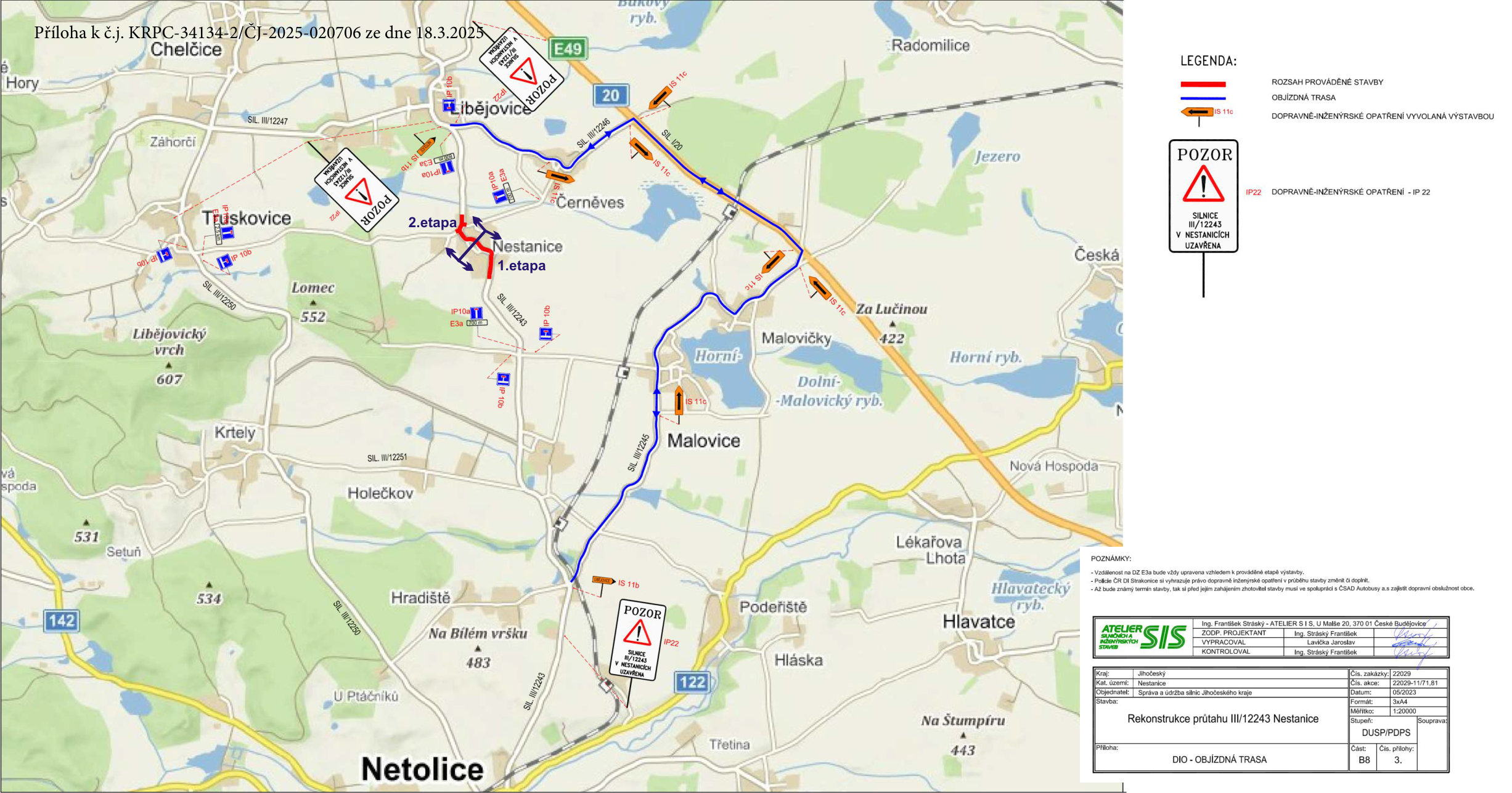 Plán dopravně-inženýrských opatření (DIO) a objízdných tras pro rekonstrukci průtahu silnice III/12243 v Nestanicích. Dokument obsahuje mapu oblasti mezi obcemi Libějovice, Černěves, Malovice a Nestanice. Legenda: červená čára značí rozsah prováděné stavby, modrá čára značí objízdnou trasu, oranžové šipky značí dopravně-inženýrská opatření (IS 11c). Upozornění 'POZOR' s textem 'SILNICE III/12243 V NESTANICÍCH UZAVŘENA' (IP 22). Vyznačeny etapy stavby (1. etapa, 2. etapa). Poznámky: Vzdálenost na DZ E3a bude vždy upravena vzhledem k prováděné etapě výstavby; Policie ČR Strakonice si vyhrazuje právo dopravně inženýrské opatření v průběhu stavby změnit či doplnit; Až bude známý termín stavby, tak si před jejím zahájením zhotovitel stavby musí ve spolupráci s ČSAD Autobusy a.s. zajistit dopravní obslužnost obce. Razítko/tabulka: ATELIER SIS, U Malše 20, 370 01 České Budějovice. Zodp. projektant: Ing. František Stráský. Vypracoval: Lavička Jaroslav. Kontroloval: Ing. Stráský František. Kraj: Jihočeský. Kat. území: Nestanice. Objednatel: Správa a údržba silnic Jihočeského kraje. Stavba: Rekonstrukce průtahu III/12243 Nestanice. Číslo zakázky: 22029. Číslo akce: 22029-11/171.81. Datum: 05/2023. Formát: 3xA4. Měřítko: 1:20000. Stupeň: DÚSP/PDPS. Číslo přílohy: B8, 3. Příloha k č.j. KRPC-34134-2/ČJ-2025-020706 ze dne 18.3.2025.