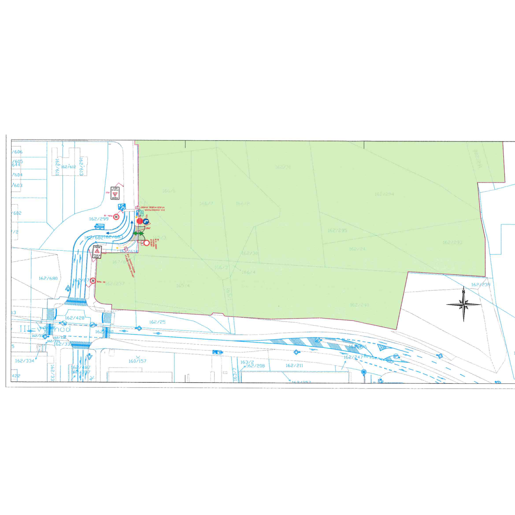 Situační nákres dopravního řešení a katastrální mapa. Zobrazeny parcely s čísly (např. 166/1, 162/299, 162/680, 162/247, 162/211, 162/33, 162/334, 160/157, 163/2, 162/208). Nákres obsahuje šipky znázorňující dopravní napojení, kruhový objezd, dopravní značení (značka 'Dej přednost v jízdě', 'Zákaz vjezdu'), a texty: 'VJEZD A VÝJEZD Z AREÁLU', 'PŘIPOJENÍ NA KOMUNIKACI'.