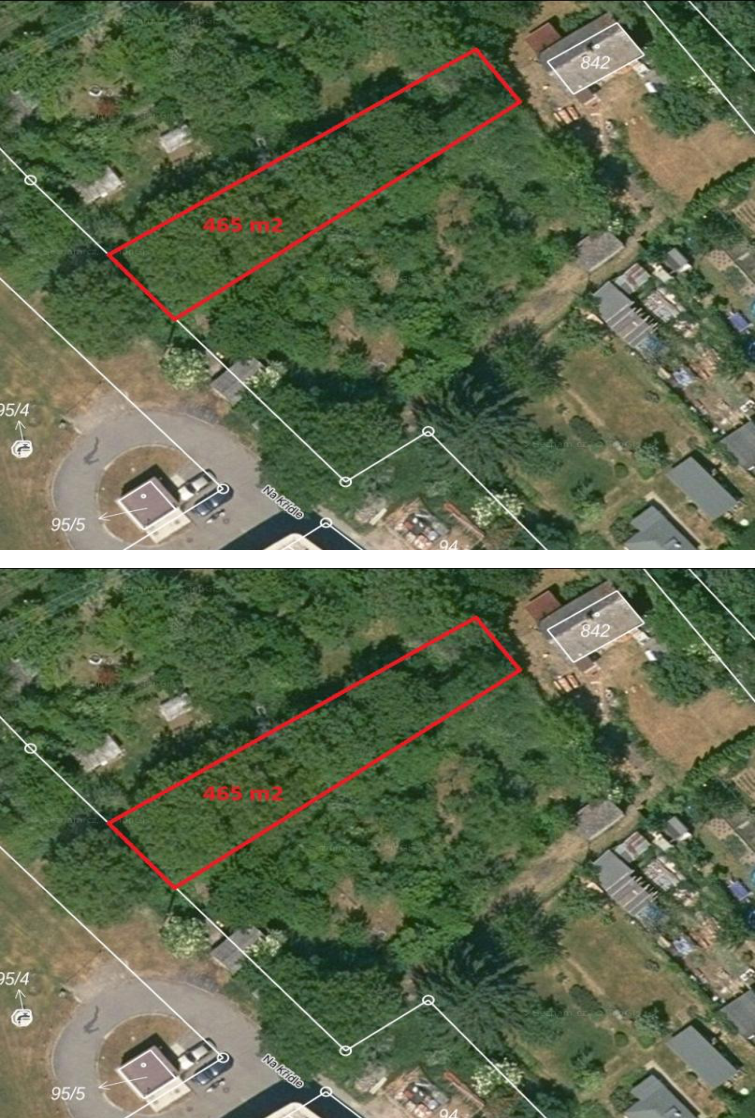 Ortofotomapa území s vyznačeným pozemkem o výměře 465 m2. V obrázku jsou patrná čísla parcel (842, 95/4, 95/5) a název ulice 'Na Křídle'.