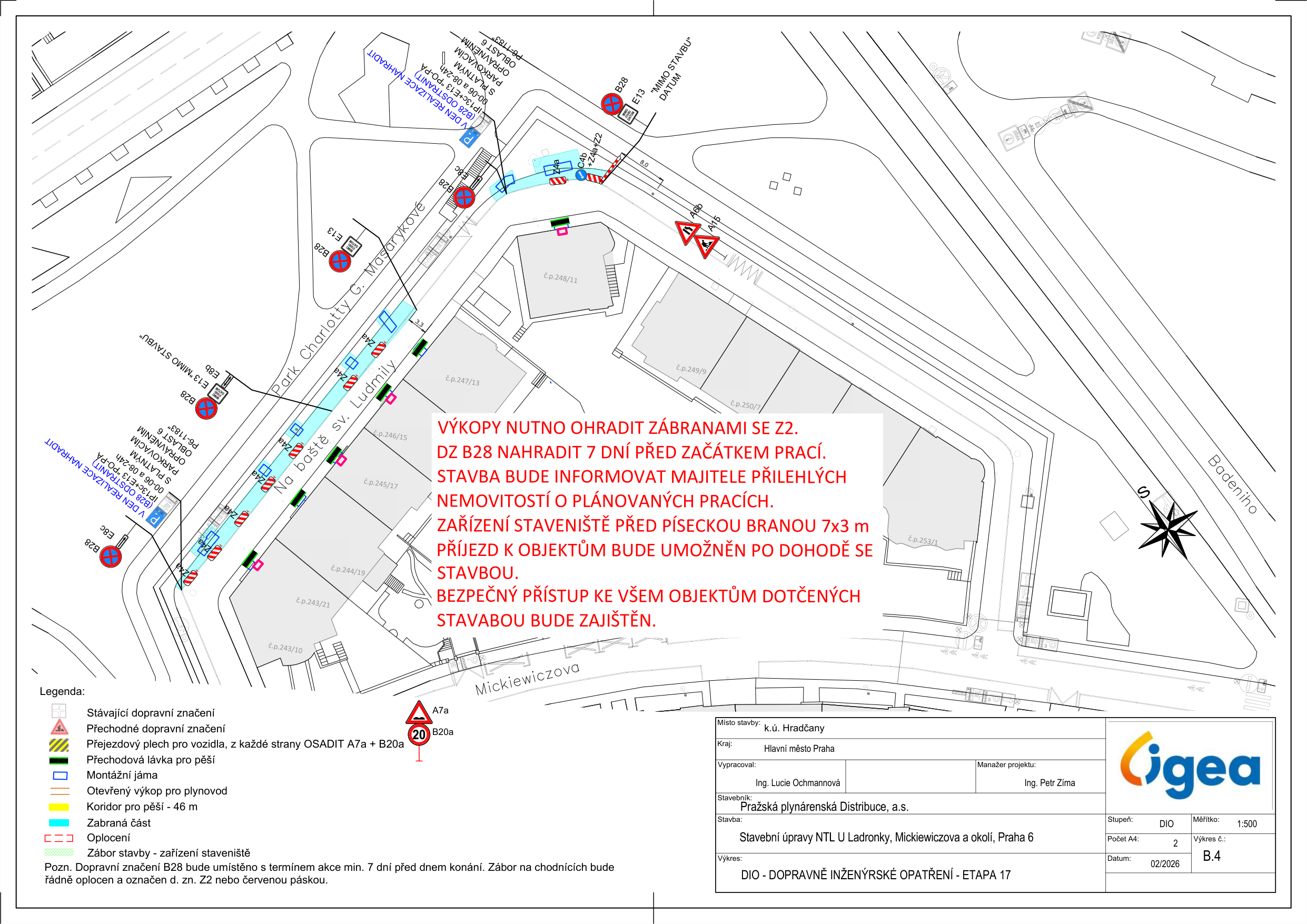 Koordinační situační výkres dopravního značení a záboru pro stavební práce v ulici Na baště sv. Ludmily.