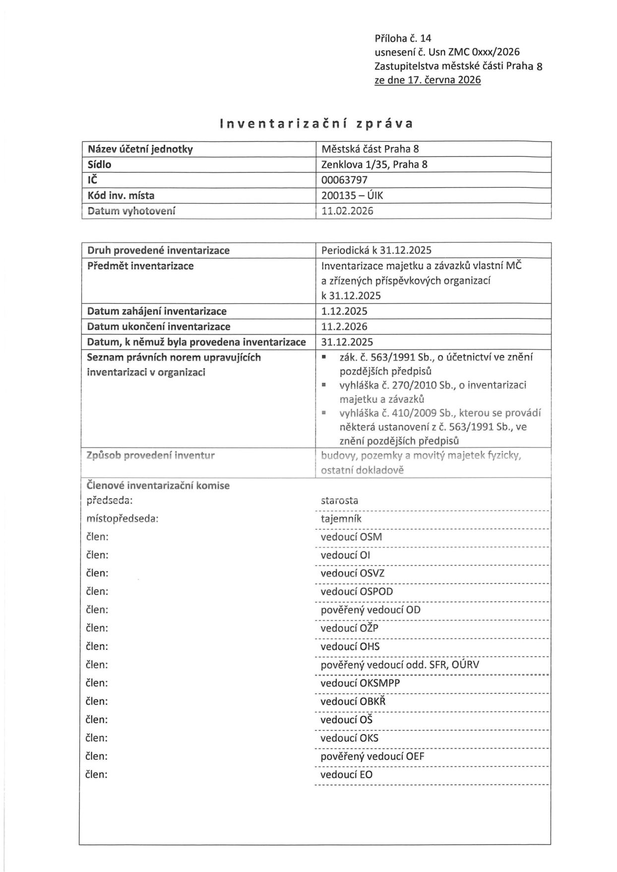 Inventarizační zpráva, Příloha č. 14, usnesení č. Usn ZMC 0xxx/2026, Zastupitelstva městské části Praha 8 ze dne 17. června 2026. Účetní jednotka: Městská část Praha 8, Sídlo: Zenklova 1/35, Praha 8, IČ: 00063797, Kód inv. místa: 200135 – ÚIK, Datum vyhotovení: 11.02.2026. Druh provedené inventarizace: Periodická k 31.12.2025. Předmět inventarizace: Inventarizace majetku a závazků vlastní MČ a zřízených příspěvkových organizací k 31.12.2025. Datum zahájení: 1.12.2025, Datum ukončení: 11.2.2026, Datum, k němuž byla provedena inventarizace: 31.12.2025. Právní normy: zák. č. 563/1991 Sb., o účetnictví, vyhláška č. 270/2010 Sb., o inventarizaci majetku a závazků, vyhláška č. 410/2009 Sb. Způsob provedení inventur: budovy, pozemky a movitý majetek fyzicky, ostatní dokladově. Členové inventarizační komise: předseda (starosta), místopředseda (tajemník), členové: vedoucí OSM, vedoucí OI, vedoucí OSVZ, vedoucí OSPOD, pověřený vedoucí OD, vedoucí OŽP, vedoucí OHS, pověřený vedoucí odd. SFR, OÚRV, vedoucí OKSMPP, vedoucí OBKŘ, vedoucí OŠ, vedoucí OKS, pověřený vedoucí OEF, vedoucí EO.