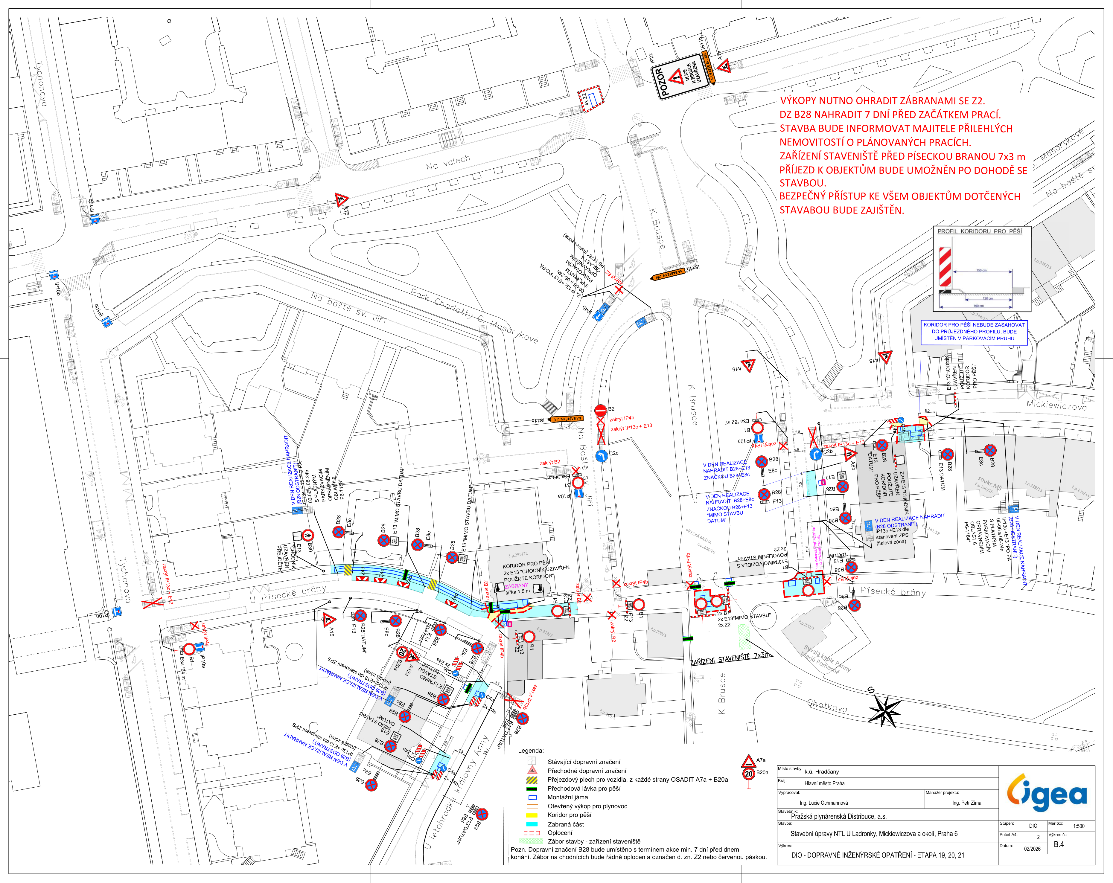 Dopravně inženýrské opatření (DIO) – plán dopravního značení a uzavírek pro stavební práce v lokalitě u Písecké brány v Praze.