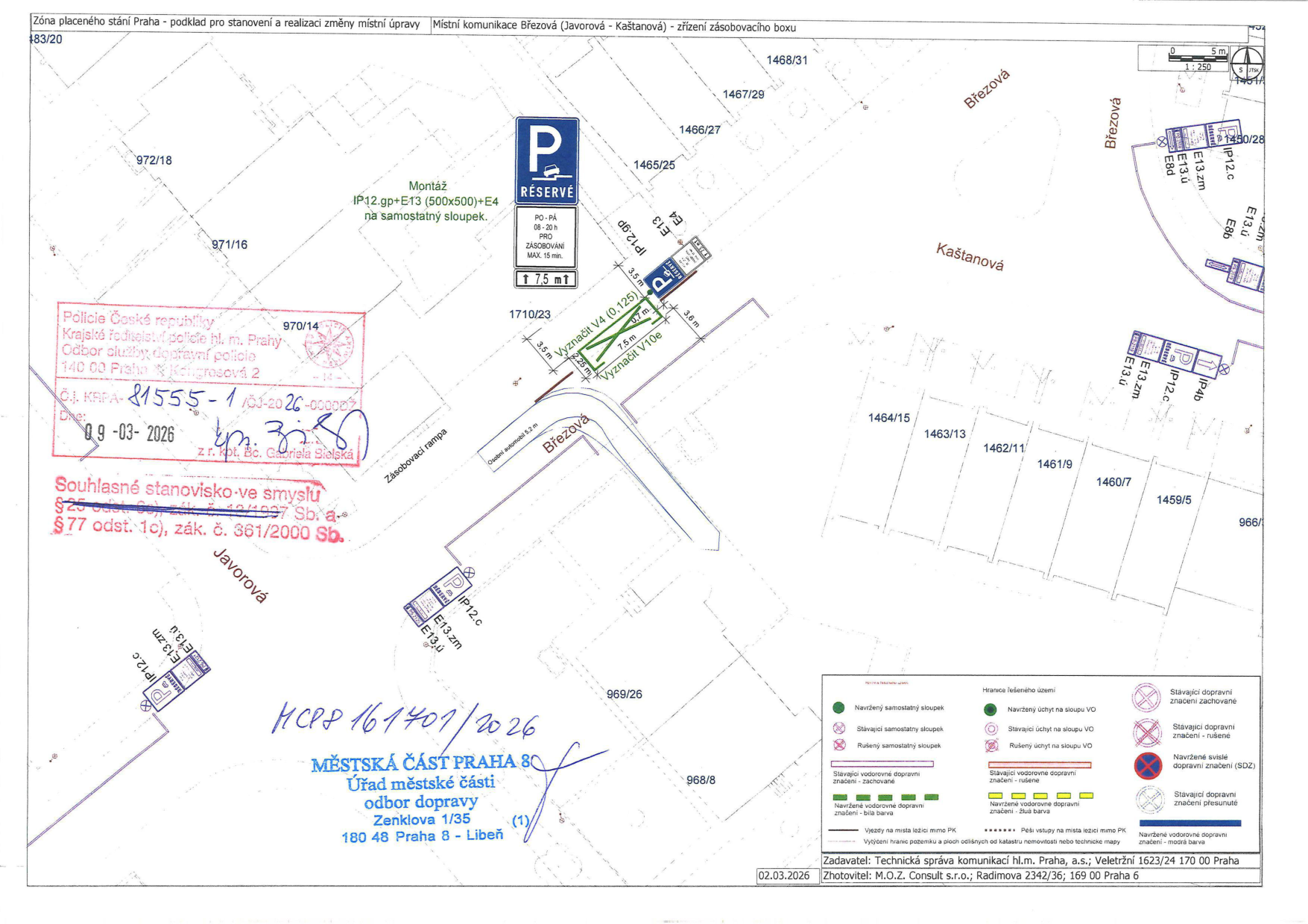 Situační nákres dopravního značení pro zřízení zásobovacího boxu v ulicích Javorová a Kaštanová.